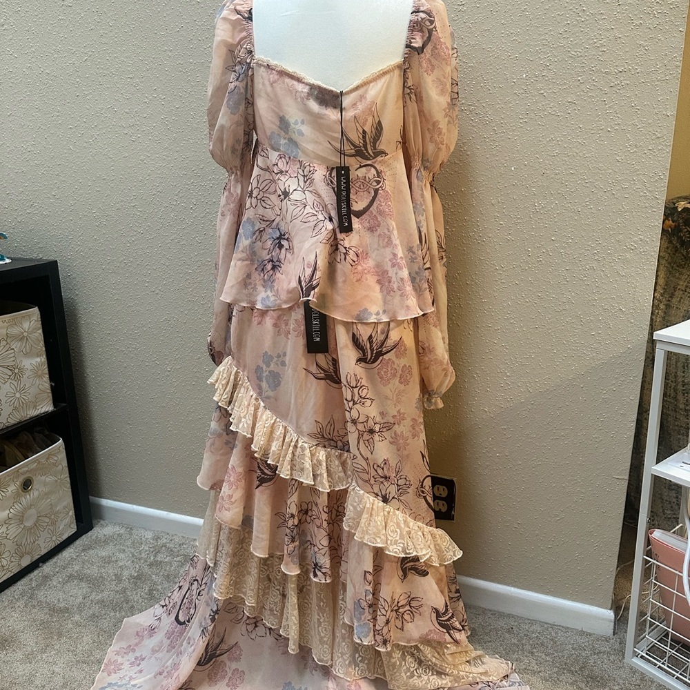 NEW Dolls Kill Current Mood Y2K Fairy Grunge Pink Lace Tiered Skirt Set M/L - Picture 2 of 9